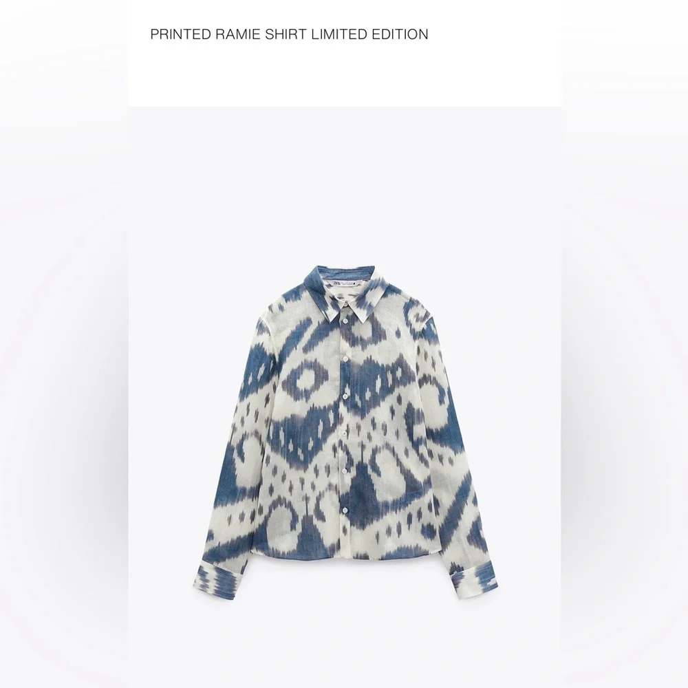 ZARA Printed Ramie Shirt & Pants Set LIMITED EDITION Blue Cream Size S/XS